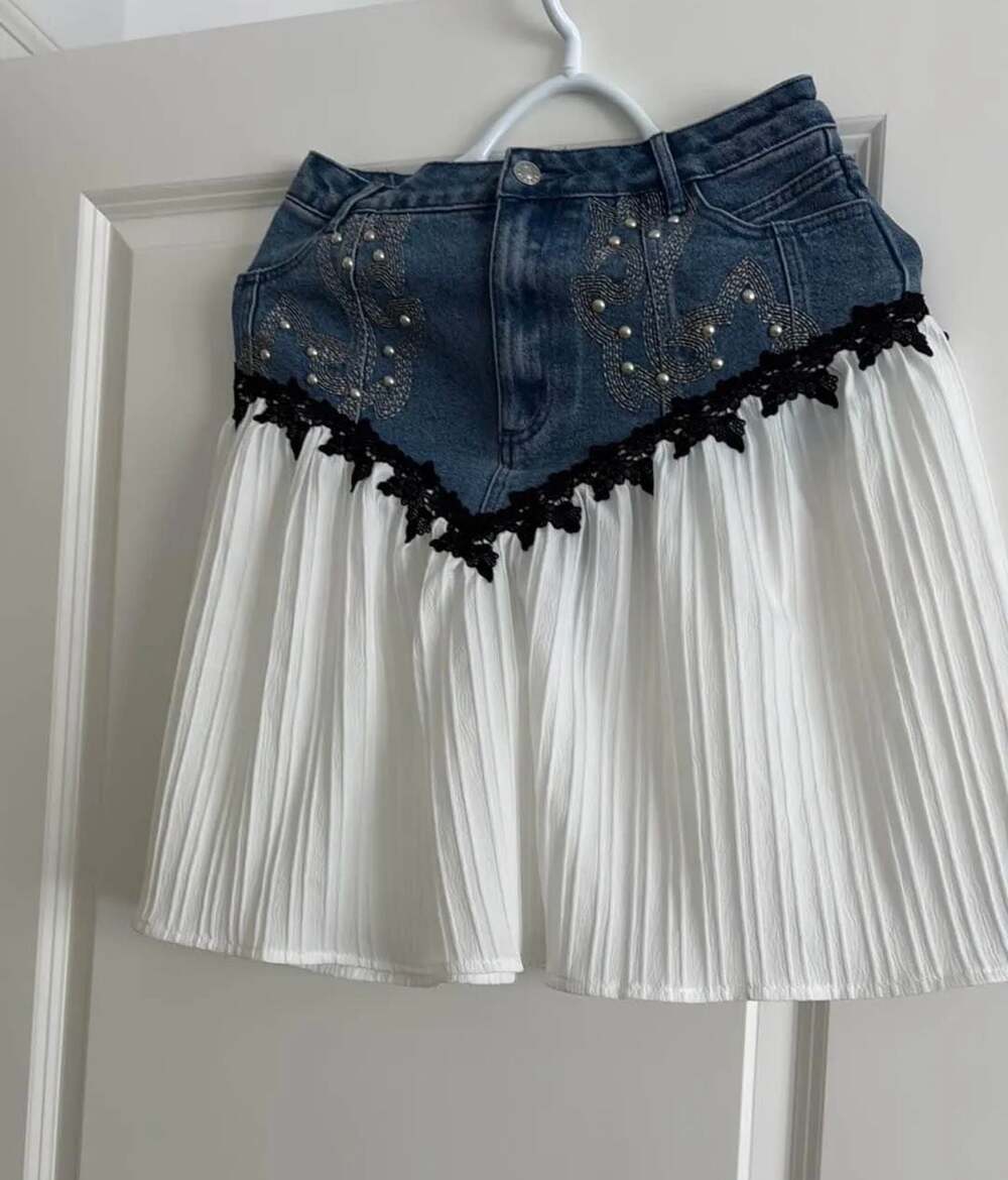 BlueB Denim  Pleated  Skirt with Lace and Pearls - NWT - Size M